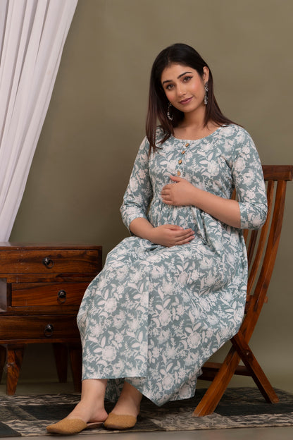 Women's Pure Cotton Printed Maternity Gown Feeding Dress