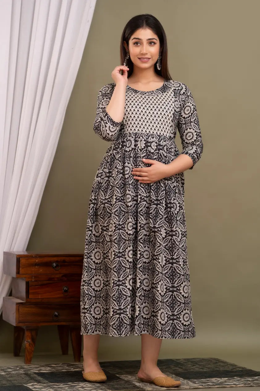 Women’s Feeding Rayon Gown Maternity Kurti’s (White Black)