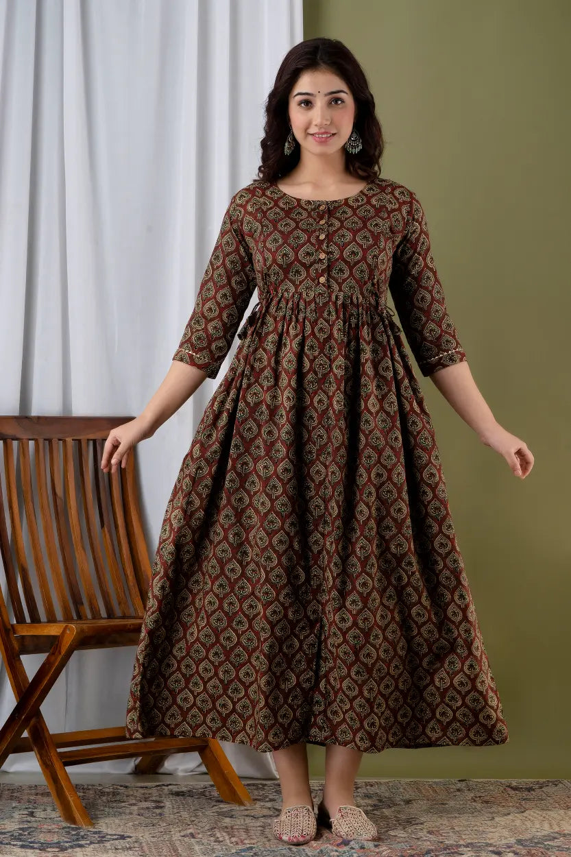 Cotton Maternity Cum Feeding Kurti Dress For Pre & Post Maternity (Brown)