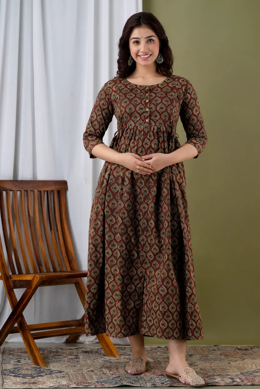 Cotton Maternity Cum Feeding Kurti Dress For Pre & Post Maternity (Brown)