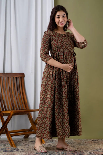 Cotton Maternity Cum Feeding Kurti Dress For Pre & Post Maternity (Brown)