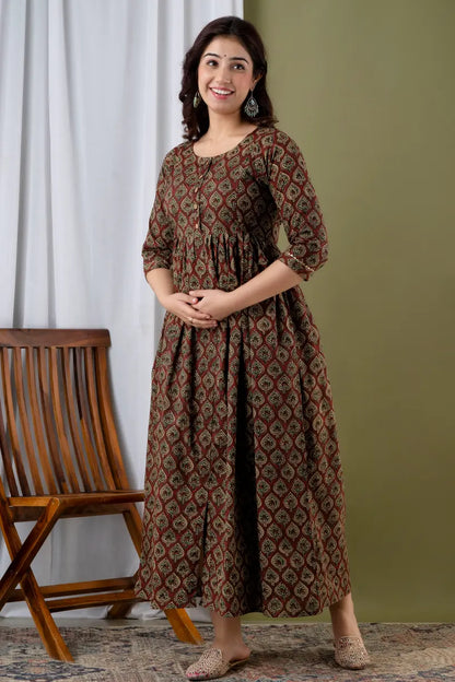 Cotton Maternity Cum Feeding Kurti Dress For Pre & Post Maternity (Brown)