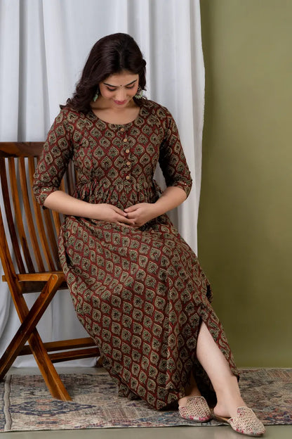 Cotton Maternity Cum Feeding Kurti Dress For Pre & Post Maternity (Brown)