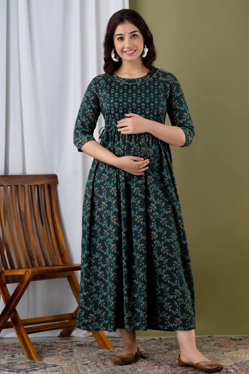 Women’s Feeding Rayon Gown Maternity Kurti’s (Green Gold)