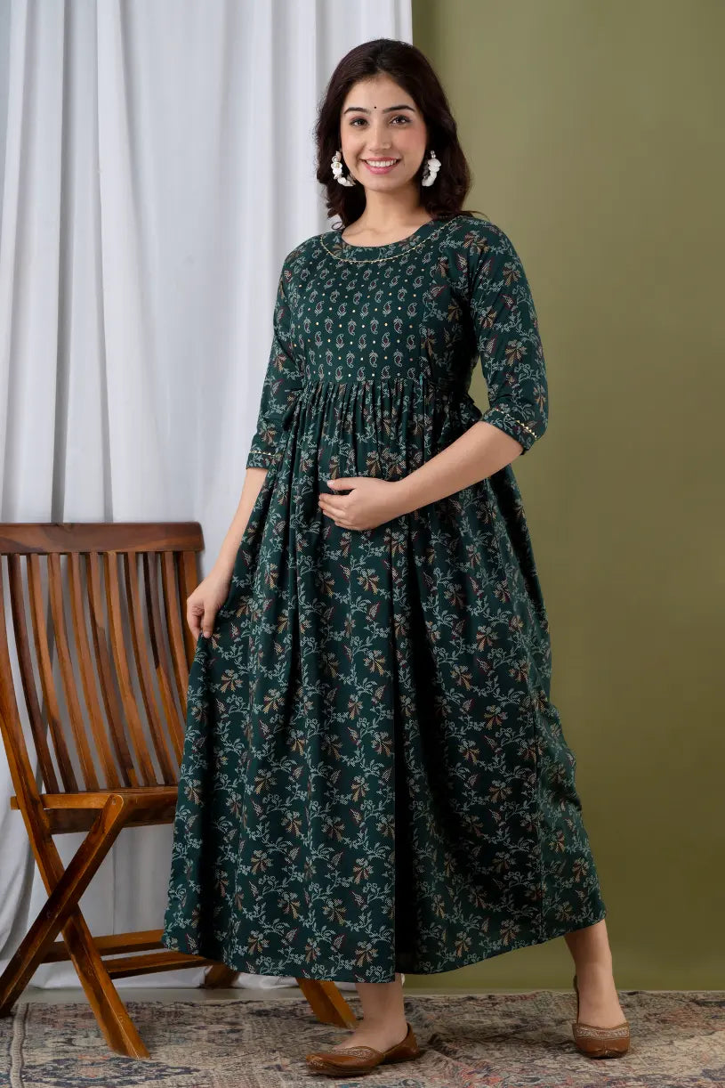 Women’s Feeding Rayon Gown Maternity Kurti’s (Green Gold)