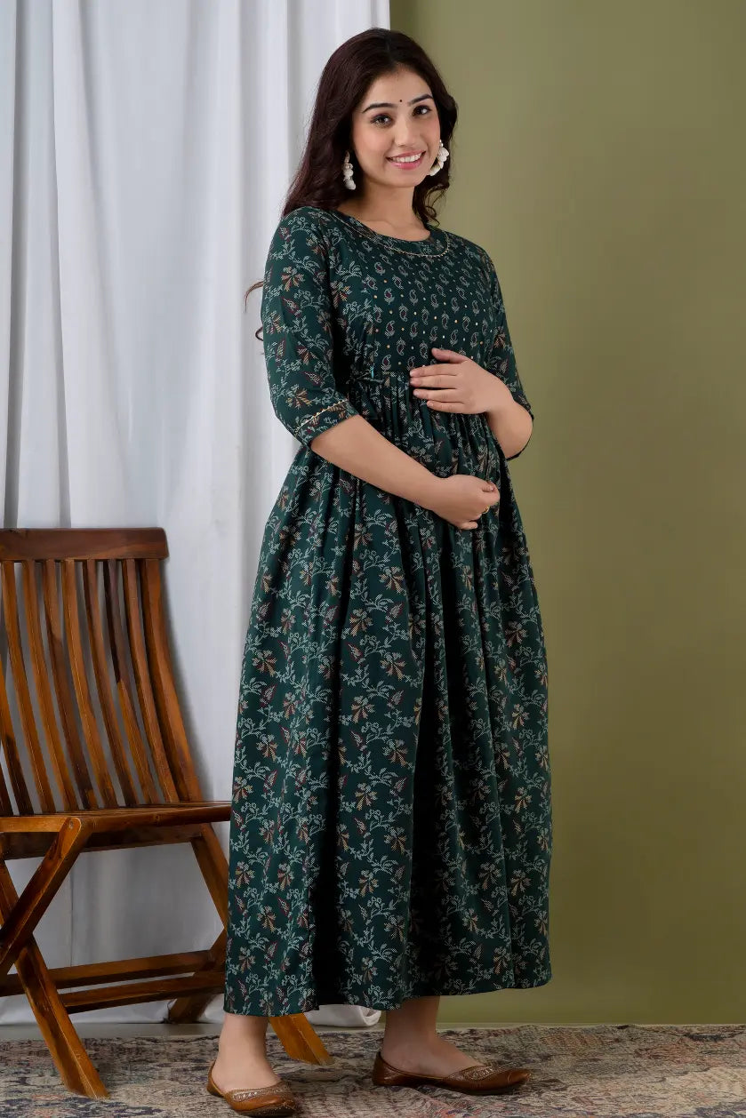 Women’s Feeding Rayon Gown Maternity Kurti’s (Green Gold)