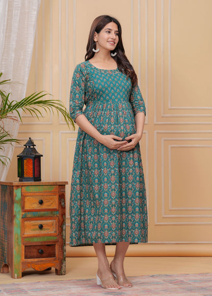 Yellow Floral Print Cotton Maternity Feeding Kurti