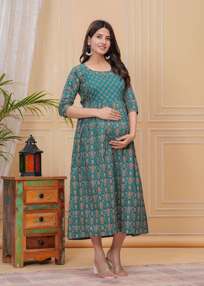 Yellow Floral Print Cotton Maternity Feeding Kurti