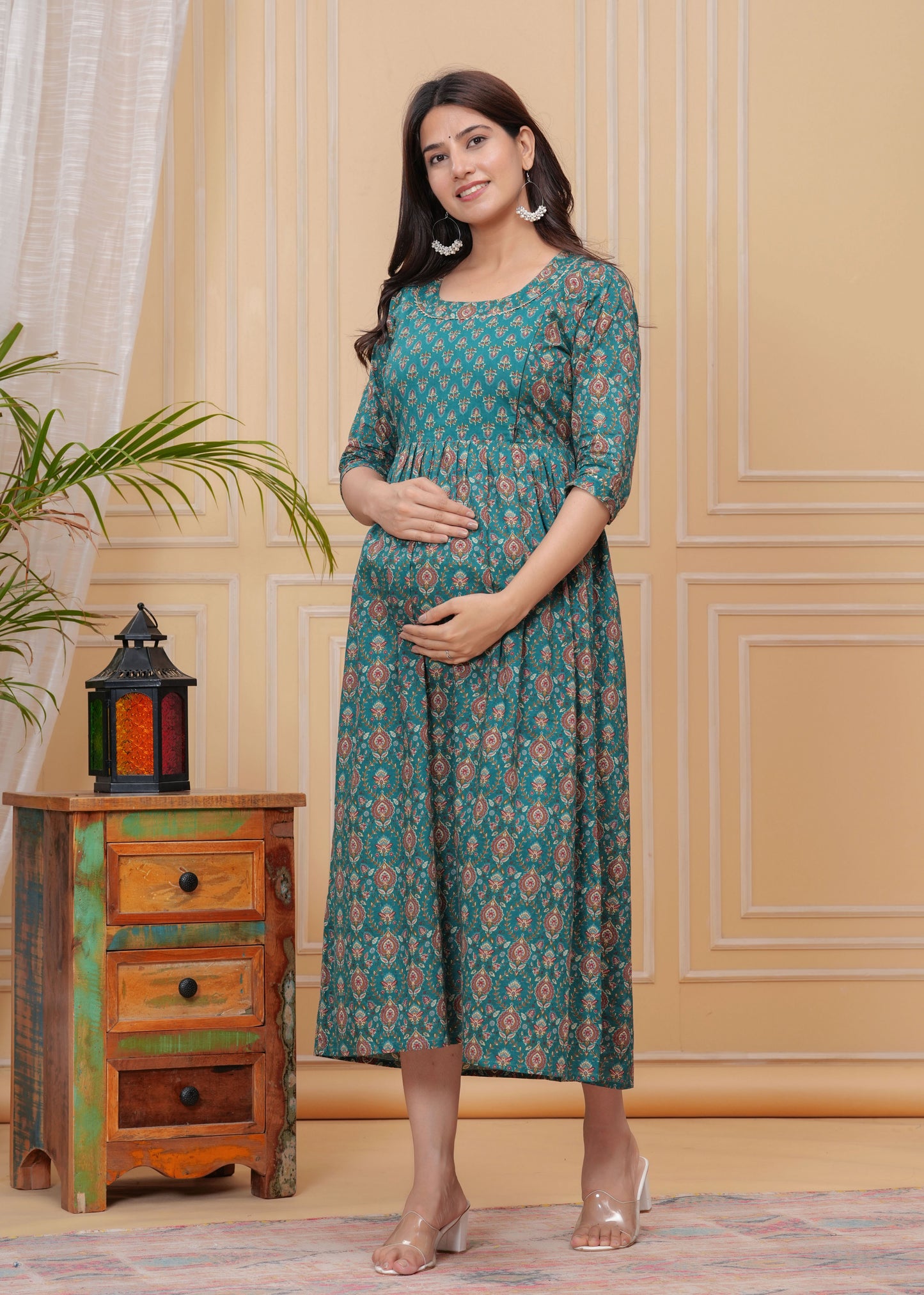 Yellow Floral Print Cotton Maternity Feeding Kurti