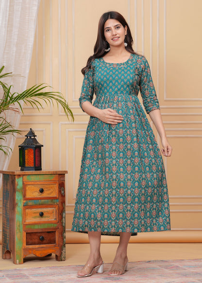 Yellow Floral Print Cotton Maternity Feeding Kurti