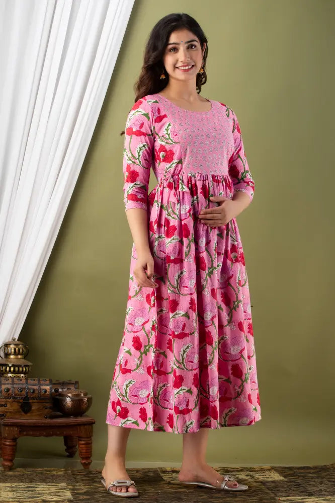 Women’s Feeding Maternity Kurti’s (Pink Bel Print Yog)