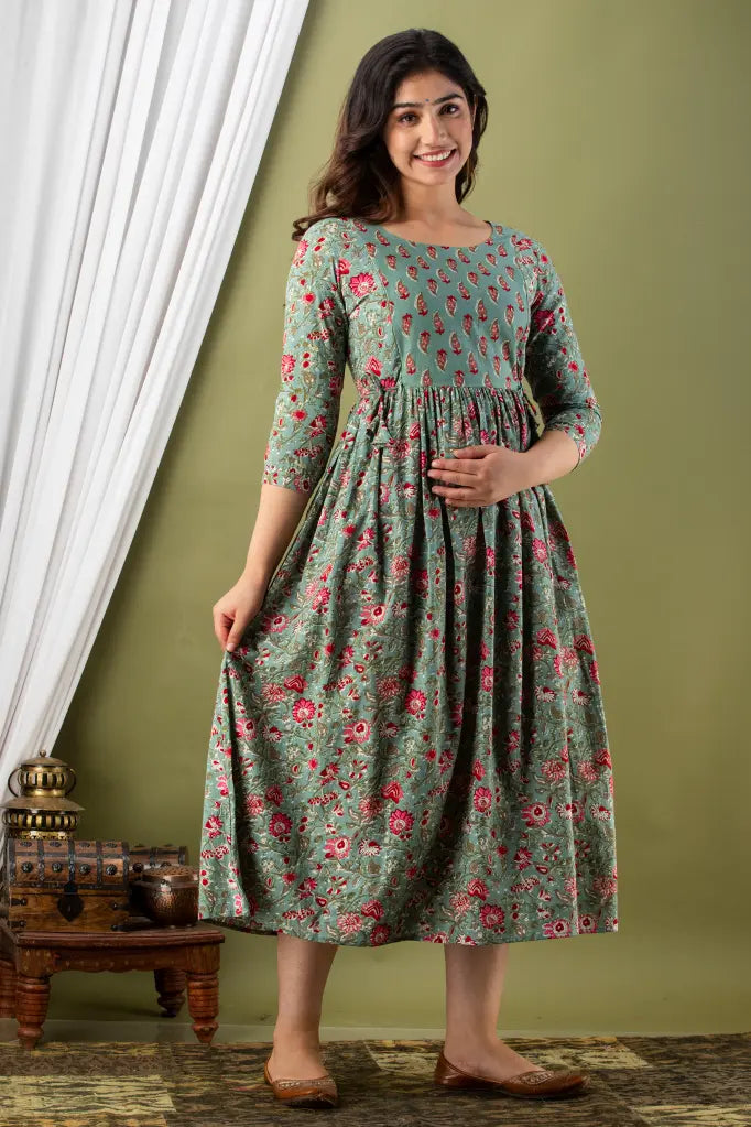 Women’s Feeding Maternity Kurti’s (Grey Pink Flower Yog)