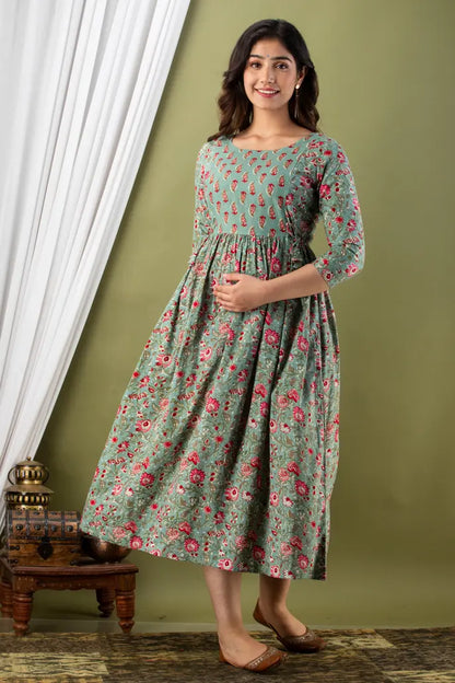 Women’s Feeding Maternity Kurti’s (Grey Pink Flower Yog)