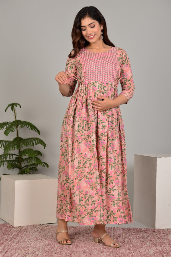 Tropical Serenity: Ashvy Leaf Print Cotton Maternity Feeding Kurti (Peach Green)