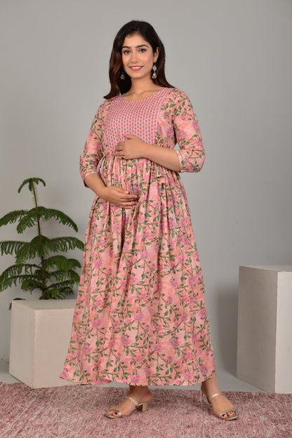 Tropical Serenity: Ashvy Leaf Print Cotton Maternity Feeding Kurti (Peach Green)