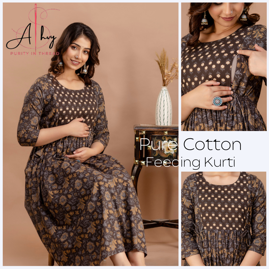 Brown Leaf Print Cotton Maternity Feeding Kurti