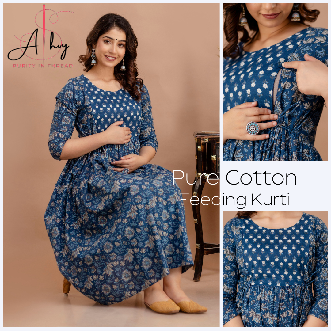 Blue Leaf Print Cotton Maternity Feeding Kurti