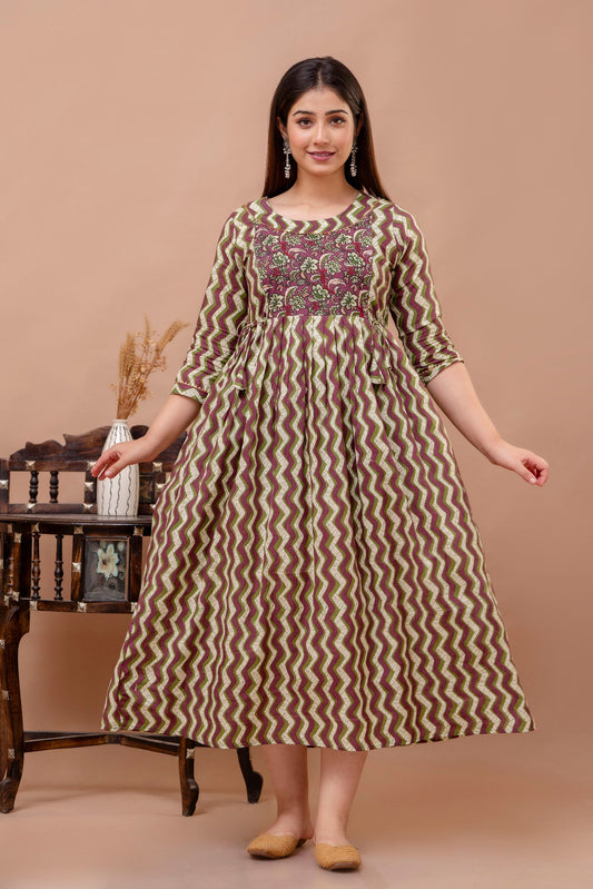 Brown Zig Zag Print Cotton Maternity Feeding Kurti