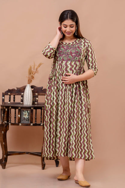 Brown Zig Zag Print Cotton Maternity Feeding Kurti