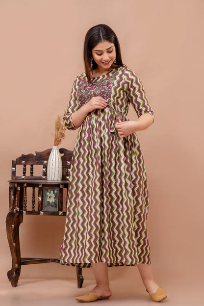 Brown Zig Zag Print Cotton Maternity Feeding Kurti