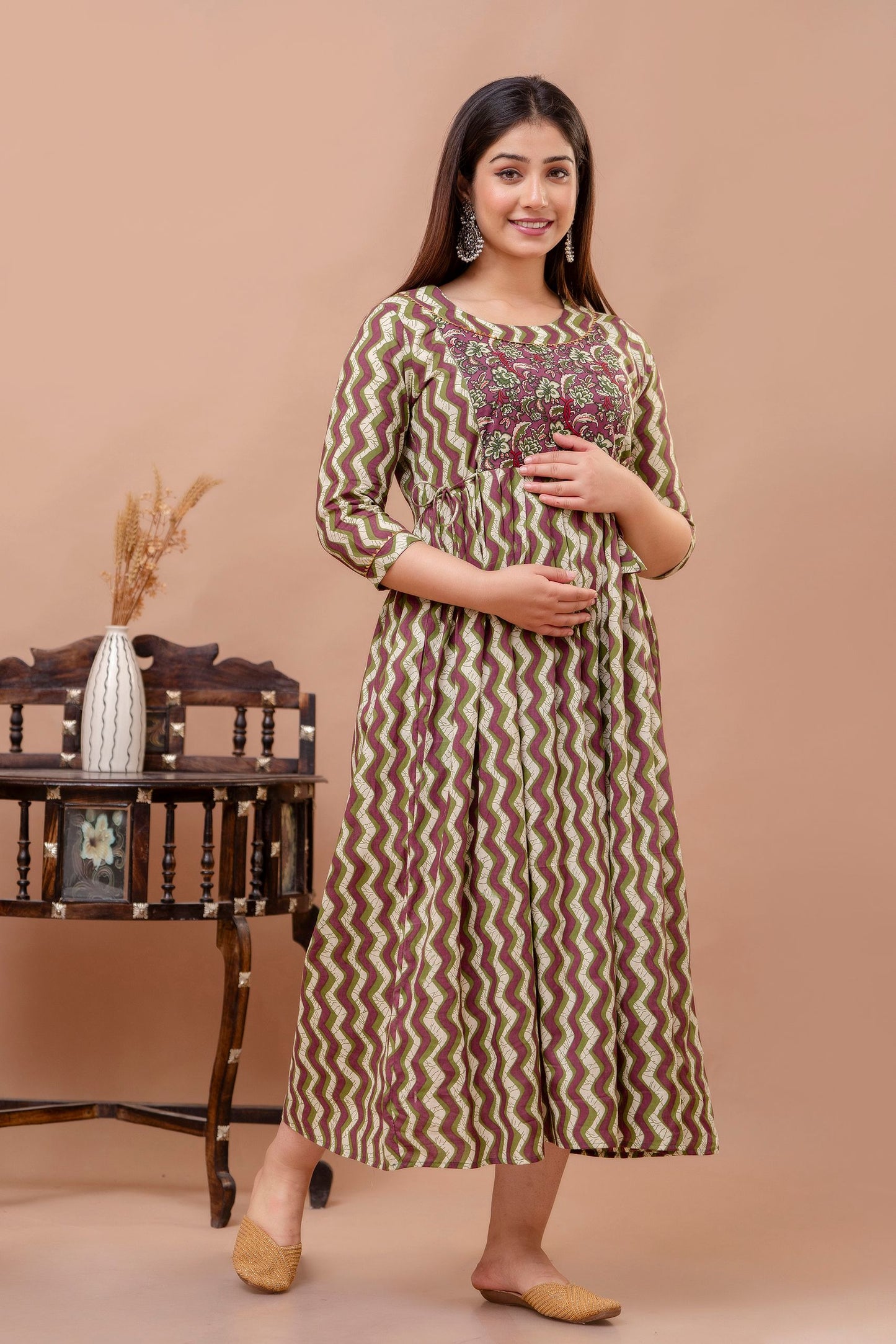 Brown Zig Zag Print Cotton Maternity Feeding Kurti