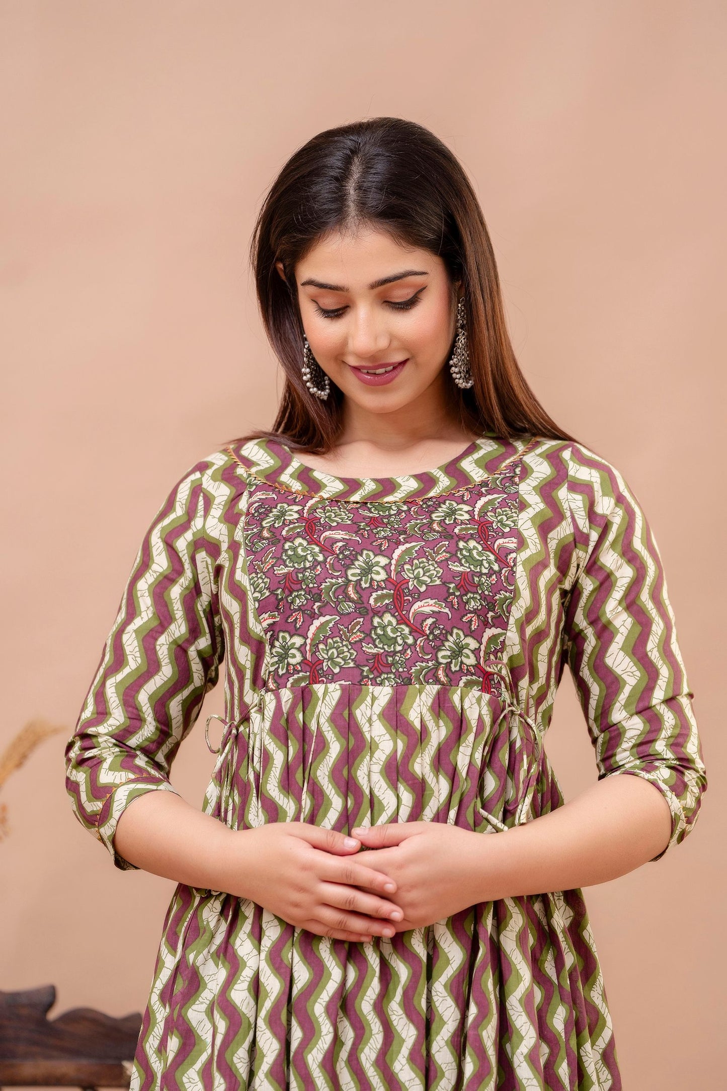 Brown Zig Zag Print Cotton Maternity Feeding Kurti