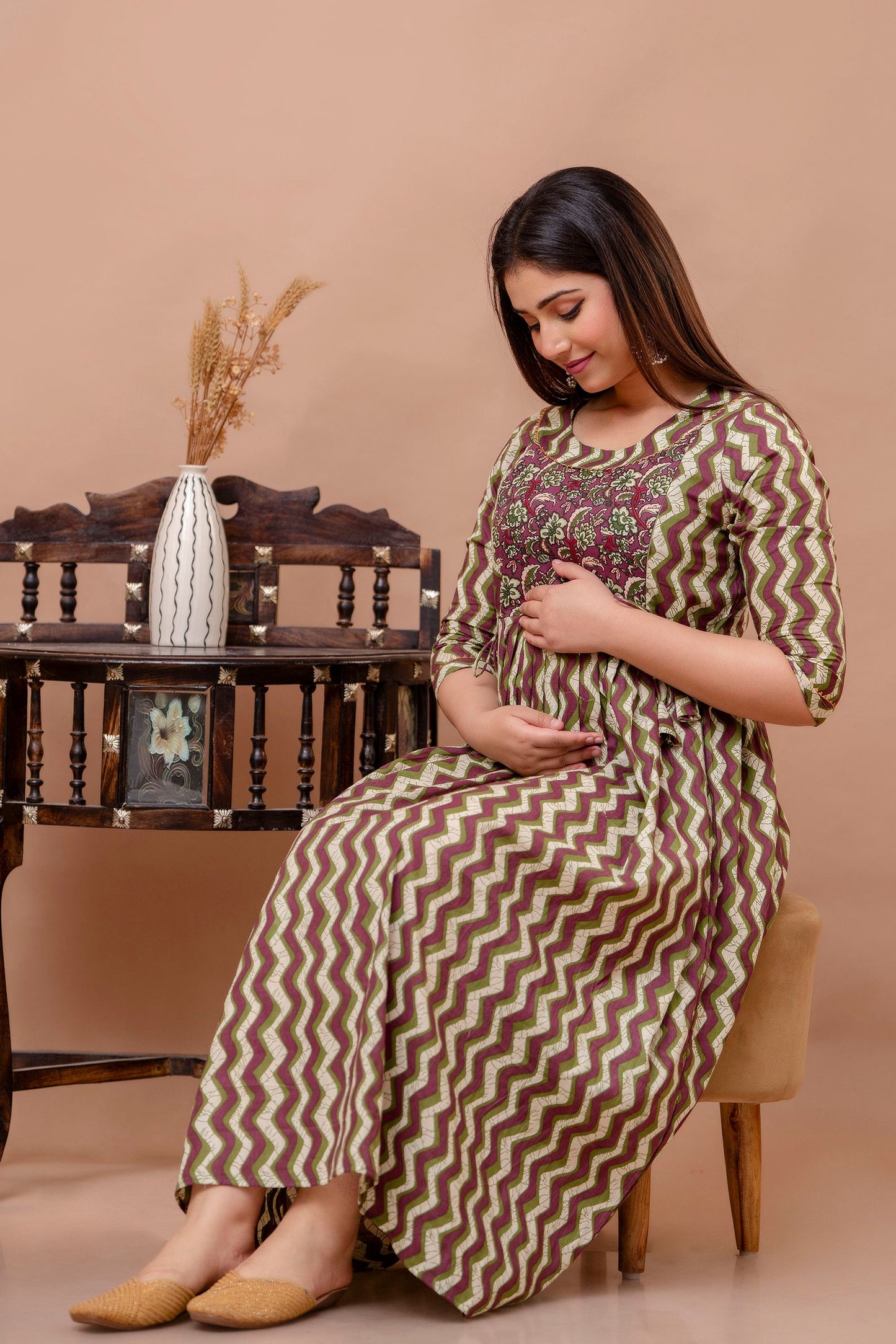 Brown Zig Zag Print Cotton Maternity Feeding Kurti