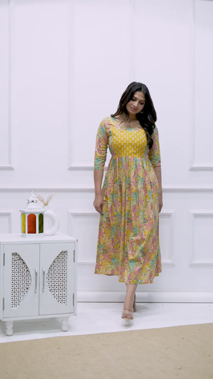 Yellow Floral Print Cotton Maternity Feeding Kurti